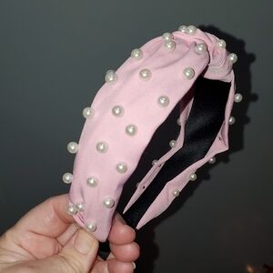 New handmade boutique pearl top knot flexible wide headband pink